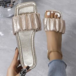 Slippers Summer For Women Pleated Flip Flops Flats 2024 Korean Sandals Black Indoor Outdoor Shoes Size 36-43