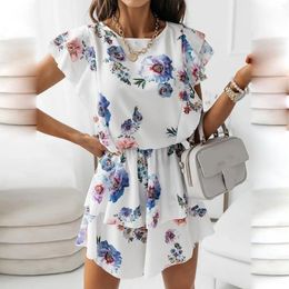 Casual Dresses Bohemian Style Floral Print Sundress Summer Beach Mini Dress O Neck Elastic Waist Wedding Party Bridesmaid