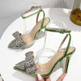 Dress Shoes Summer Party Wedding Stripper High Heels Sexy Crystal Bowknot Toe Women Pumps PVC Transparent Sandals Shoes Green H240401