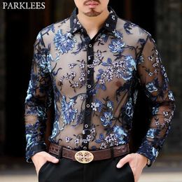 Men's Plus Tees Polos Luxury Floral Embroidery Fishnet Shirt Men Transparent See Through Sexy Dress Shirts Mens Social Party Event Lace Sheer Blouse yq240401