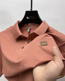 Luxury brand mens short sleeved polo shirt high-end ice silk comfortable and breathable letter sticker casual summer T-shirt 240329