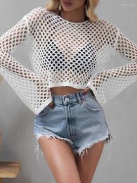 Mesh Crochet Beach Shirt Women Solid Cover Up Ladies Long Sleeve Tops 2024 Sexy Beachwear Bathers Swim Bathing Suit