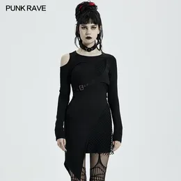 Casual Dresses PUNK RAVE Long Sleeve Dress Collar Removable Shoulder Hollow Elastic Knitted Stitching Diamond Mesh Metal Inscription Button