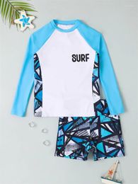 Women's Swimwear Boy Swimsuit 2024 Geometry Print Long Sleeve Children Summer Two Piece Kids Beach Wear Swimming Bathing Suit Men's