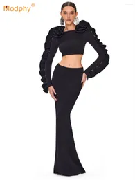 Work Dresses Modphy Women Skirt Top Bandage Two-Piece Set Black Flower Long Sleeved Crop Tight Club Party Vestidos