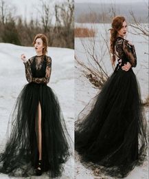 Vintage Bobemian Black Lace Tulle Gothic Wedding Dresses With Long Sleeves Sexy Sheer Top Slit Skirt Women Non White Bridal Gown N8292063