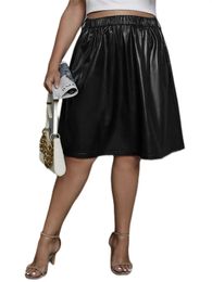 Plus Size Elegant Spring Autumn High Elastic Waist Pu Leather Skirt Women Solid Black Midi Female Work Office Aline 240321