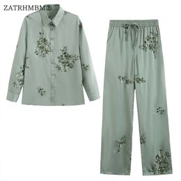 ZATRHMBM 2023 Womens Fashion Sequined Satin Shirt And Drawstring High Waist Trousers Set Chic Youth Vacation Suit 240326