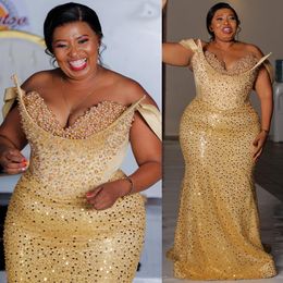 2024 Aso Ebi Plus Size Gold Mermaid Prom Dress Pearls Crystals Beaded Evening Formal Party Second Reception 50th Birthday Engagement Gowns Dresses Robe De Soiree