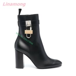 Boots Winter New Women Fashion Boots Free Shipping Luxury Zip Round Toe Solid Suede Square High Heel Metal Lock Casual Concise Shoes