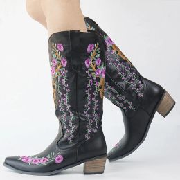 Boots AOSPHIRAYLIAN Western Cowboy Sewing Floral Boots For Women 2023 Flowers Embroidery Cowgirl Casual Women's Shoes Boots