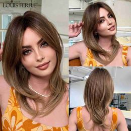 Synthetic Wigs Medium Length Straight Brown Blonde Synthetic Wig for Women Short Layered Hair With Side Bangs Daily Heat Resistant Fake Hair Y240401