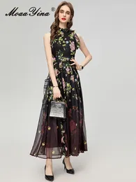 Casual Dresses MoaaYina Summer Fashion Runway Black Vintage Dress Women Sleeveless Ruffles Floral Print High Waist Slim Long Party