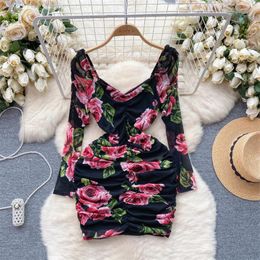 Casual Dresses Dress For Women V Neck Long Sleeve Gauze Print Folds Bodycon French Chic Wrapped Summer Vestidos Mujer Vintage Dropship