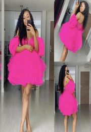 Fuchsia Off Shoulder Mini Homecoming Dresses Short Sleeves Short Cocktail Party Dresses Robe De Soiree Puffy Tulle Prom Dresses ve4131463