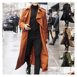 Mens Trench Coats Men Overcoat Vintage Double Breasted Jacket Business Black Long Solid Windbreak Coat Outwear Drop Delivery Apparel C Dhch8