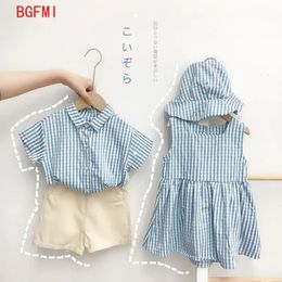 Brother and Sister outfit 2023 Kid Children Plaid Summer Clothes Baby Boy short sleeve shirt Shorts suit Girl Dress 240328