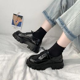 Fitness Shoes Black Patent Leather Platform Women 2024 Gothic Lace Up Chunky Heels Woman Japanese Style Student Female