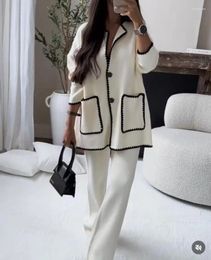 Women's Two Piece Pants Fashion Patchwork Bag Long Sleeved Turn-down Collar Set