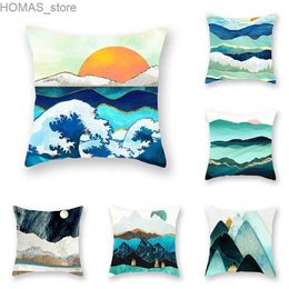 Pillow Case 45x45cm Abstract Art Geometric Mountain Sunset Octopus Creative Cover Sofa Office Seat Cushion Home Decoration Y240407