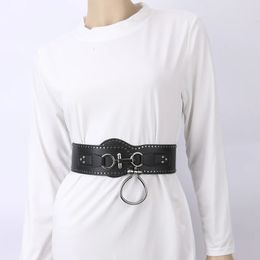 2023 Womens Wide Elastic Stretch Waist Belt Vintage Faux Leather Dress Black Waistband SXXL 240326
