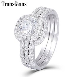 TransGems Solid 10K White Gold Engagement Bridal Set Centre 1ct 6MM Square Cushion Cut Halo Moissanite Ring Set for Women Y200620213m