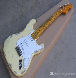 Factory Custom Milk White Retro Body Electric Guitar with Retro Yellow NeckSSS PickupsScalloped NeckOffer Customized5719033