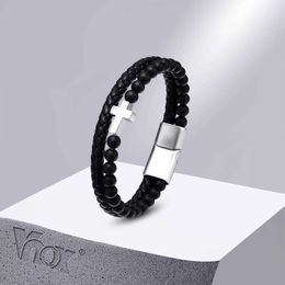 Chain Vnox Cross Bracelets for Men Boys Natural Black Stone Beaded Wristband Braided PU Leather Bangle Religious Christ Jewellery Q240401