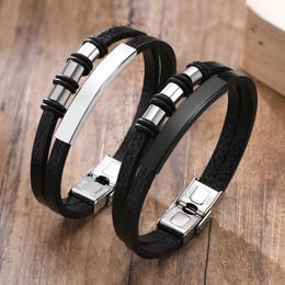 Chain Vnox Customised Leather Bracelets for Men Black Beads Charm Bangle Layered PU Wristband Casual Male Jewellery Meaningful Xmas Gift Q240401