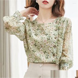 Womens Blouses Shirts Blouse 2023 Spring Large Long Sleeve Floral Print Chiffon Clothing 3Xl Spliced Flare Plover Button Green Drop De Oth7L