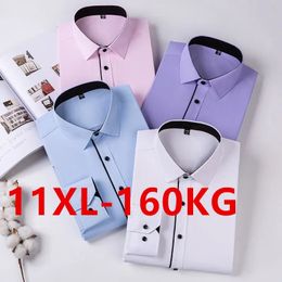 Classic Men Dress Shirt Long Sleeve Plus Large Size 8XL 9XL 10XL 11XL Business Office Purple White Slim Fit Social Twill Plain 240320