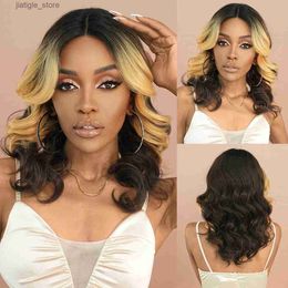 Synthetic Wigs NAMM Lace Front Wig Shoulder Length Black Ombre Blonde Wavy Wig for Women Fashion Synthetic T Part Curly Hair Wigs High Density Y240401