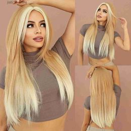Synthetic Wigs NAMM Long Straight Blonde Wig for Women Daily Party Highlight Beige Synthetic Layered Hair Wigs Mid split wig Halloween Cosplay Y240401