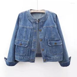 Women's Jackets Spring Autumn Vintage Short Denim Coat Women Korean Long Sleeve O-Neck Pockets Slim Jeans Jacket Female Cowboy Outwear B235