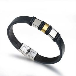 Chain 2024 Fashion Jewellery Stainless Steel Leather Bracelet Mens Retro Titanium Steel Bracelet Silicone Cuff Bracelet Q240401