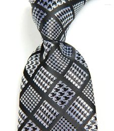 Bow Ties Classic Plaid Silver Black Tie JACQUARD WOVEN Silk 8cm Men's Necktie Business Wedding Party Formal Neck