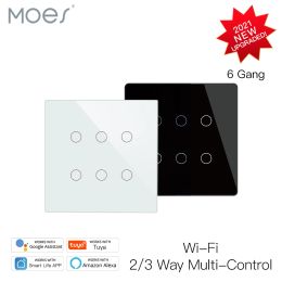 Control MOES New Smart WiFi 6 Gang Light Switch Smart Life/Tuya App 2/3 Way MuiltiControl Remote Control Works with Alexa Google Yandex