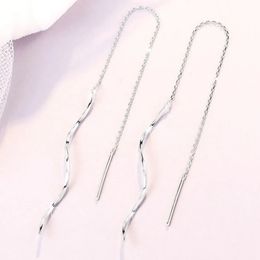 PT950 Pure Platinum 950 Stud Women Lucky Wavy O Link Chain Dangle Earrings 1516g 240401