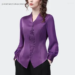 Women's Blouses Satin Top 2024 Spring Summer Women Long Sleeve V-neck Purple Embroidered Beaded Blouse Retro Casual Slim Fit Ladies 90s