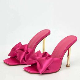 Dress Shoes New Arrival Orange Silk Butterfly-knot High Heels Women Slippers Outdoor Square Toe les Slides Sandals Party Pumps Shoes H240401I0V6