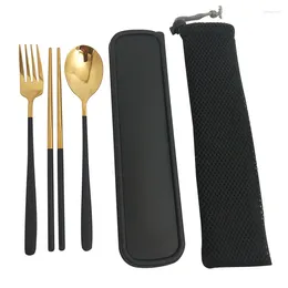 Flatware Sets Tableware Camping Dinnerware 18/8 Stainless Steel Cutlery 4pcs Set Golden Spoon Black Fork Korea Style