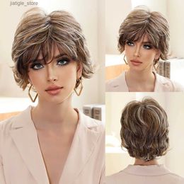 Synthetic Wigs NAMM Short Highlighted gold Wig with Bangs for Women Daily Party Synthetic Straight Light Blonde Wigs Heat Resistant Y240401