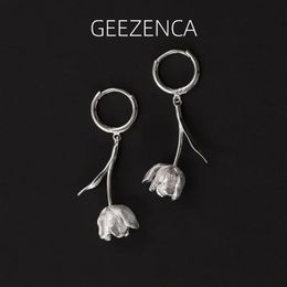 GEEZENCA 925 Sterling Silver Tulip Flower Dangle Earrings For Women French Chic Minimalistic Luxury Hoop Earring Gift 240401