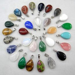 Jewelry Wholesale 24pcs Natural Pink Quartz Crystal Agates Tiger Eye Stone Malachite Water Drop Shape Pendant for Diy Jewelry Making