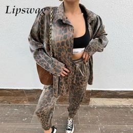 Fashion Sexy Leopard Print Loose Blouse Outifts Long Sleeve Shirt Top And High Waist Pants Suit Women Casual Sport Two-piece Set 240328