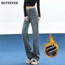 Women's Jeans BGTEEVER Stylish Straight Warm Thicken Fleece Pants For Women Autumn Winter High Waist Denim Trousers