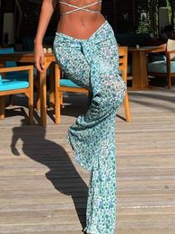 Women Sexy Mesh Beach Dress Sheer Long Cover Up Knitted Tunic Female Print Swimsuit Bikini Sarong Swimwear Trousers