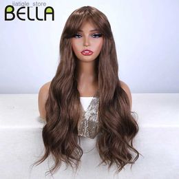 Synthetic Wigs Bella 26 Inch Water Wave Synthetic Wigs for Black Women Ombre Brown Heat Resistant Fibre Body Wave Wig With Bangs Cosplay Wigs Y240401