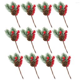 Decorative Flowers 12 Pcs Artificial Pine Cone Ornaments Christmas Trees Fake Decor Red Fruit Xmas Decorations Green Needles Foam Floral
