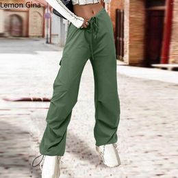 Women's Pants Lemon Gina Women Fashoin Pocket Side Drawstring Waist Ruched Straight Cargo 2024 Female Streetwear Active Safari